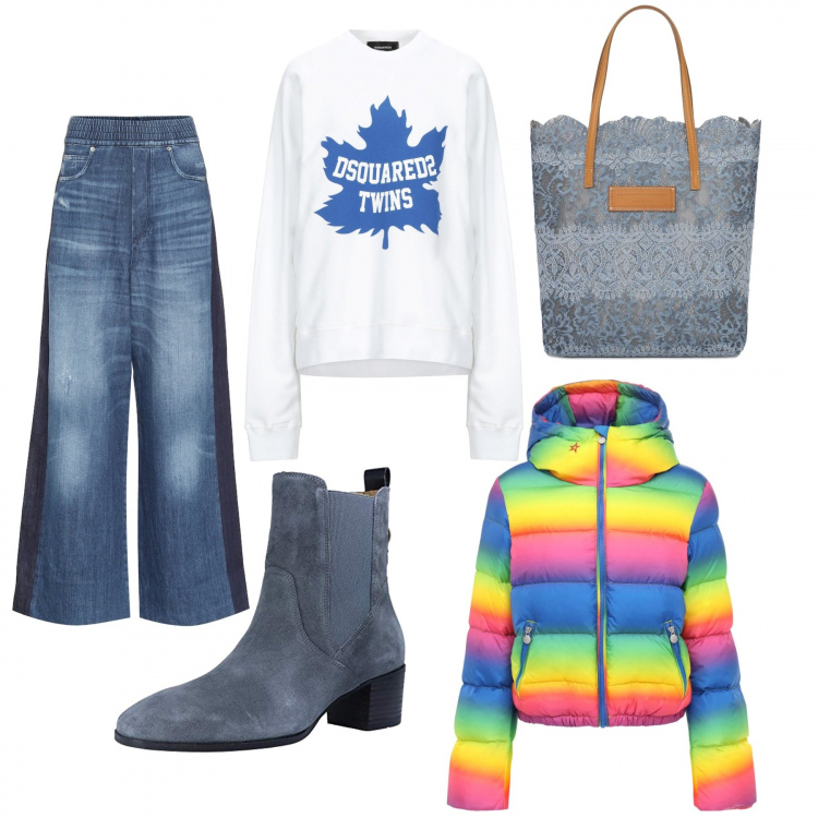 Outfit donna - Porto il bimbo al parco. Stile Trendy per Tutti i giorni. Abbinamento con felpe, piumini, stivaletti chelsea, pantaloni a palazzo, shopping bag.