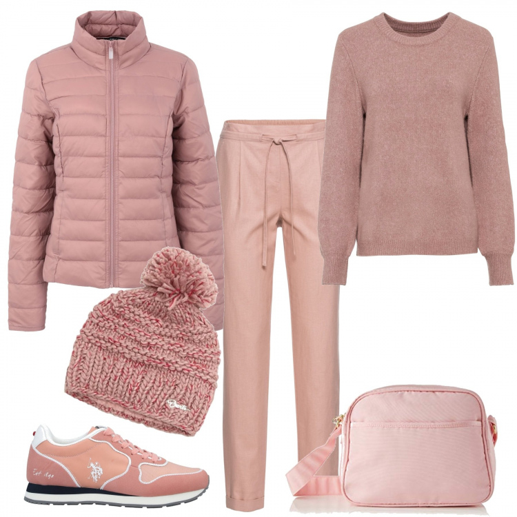Outfit donna - La vie en rose. Stile Urban per Tutti i giorni. Abbinamento con pantaloni, maglioni, piumini, sneakers, berretti, borse a tracolla.