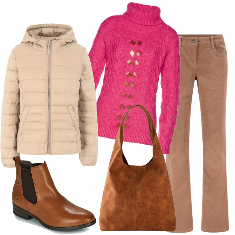 Outfit donna - Il maglione rosa. Stile Trendy per Tutti i giorni. Abbinamento con pantaloni, maglioni, shopping bag, piumini, stivaletti.