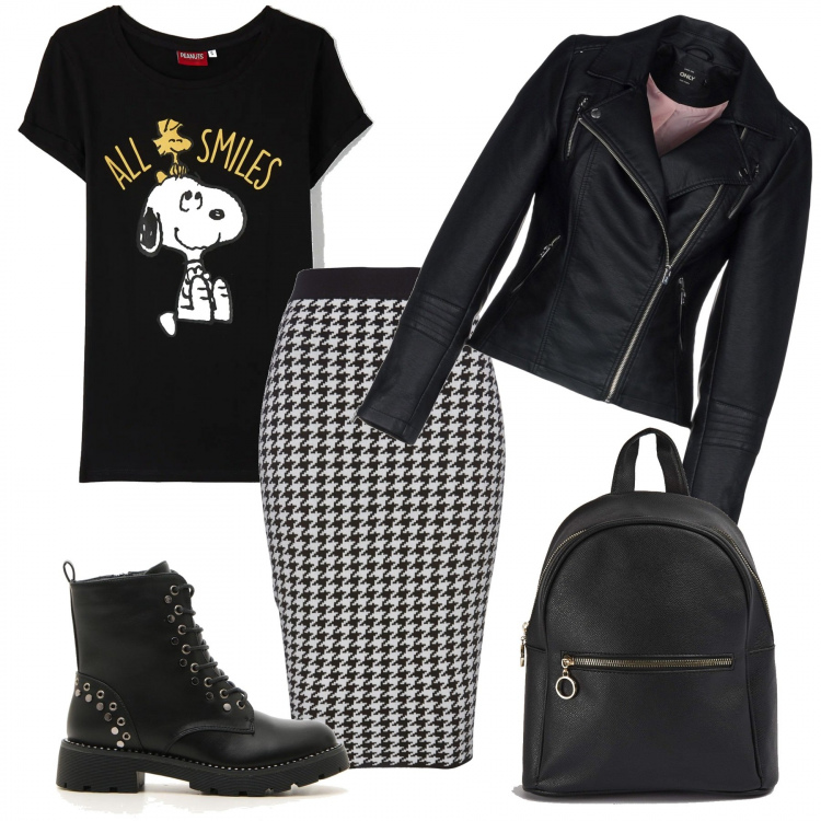 Outfit donna - Glam in ufficio. Stile Trendy per Ufficio. Abbinamento con gonne, giacche, zaini, t-shirt, anfibi.