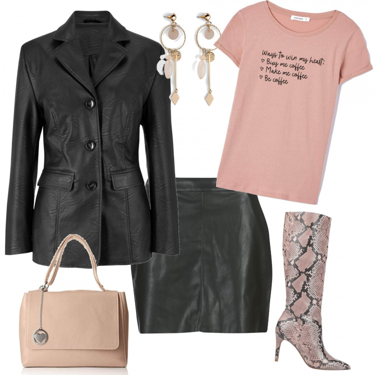 Outfit donna - Grintosa. Stile Chic per Tutti i giorni. Abbinamento con blazer, orecchini, stivali, t-shirt, minigonne, borse a mano.