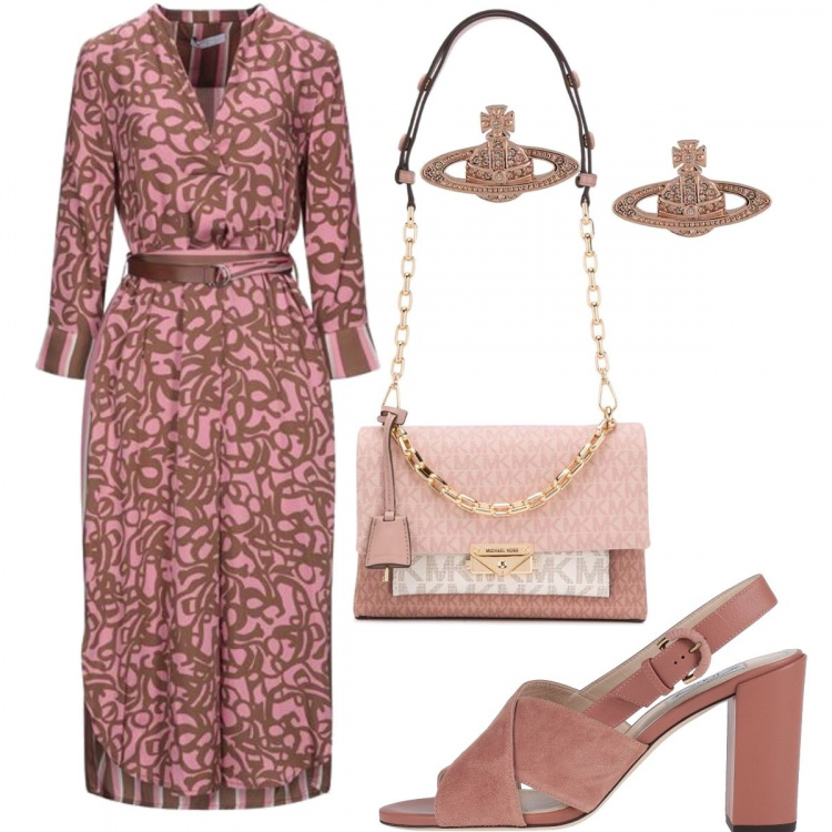 Outfit donna - Abito lungo tipo chemisier. Stile Chic per Tutti i giorni. Abbinamento con sandali in pelle, vestiti midi/longuette, borse tote, orecchini.