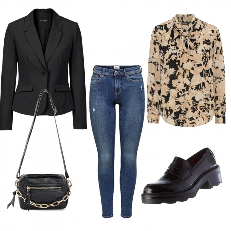 Outfit donna - La camicia che fa la differenza. Stile Urban per Tutti i giorni. Abbinamento con blazer, camicie, borse a tracolla, scarpe stringate, pantaloni skinny.