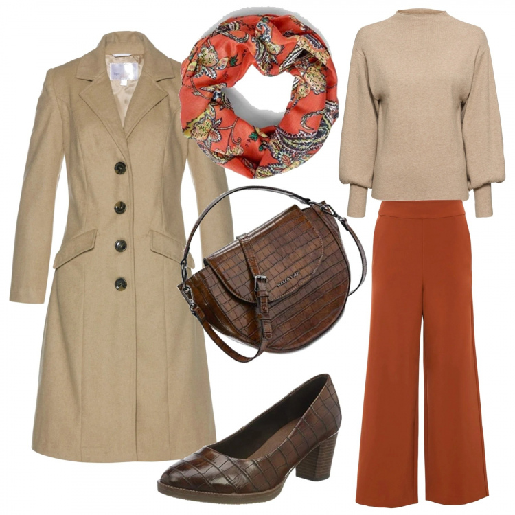Outfit donna - I colori dell\'autunno. Stile Urban per Tutti i giorni. Abbinamento con maglieria, pantaloni culotte, cappotti, décolleté, sciarpe, borse a mano.