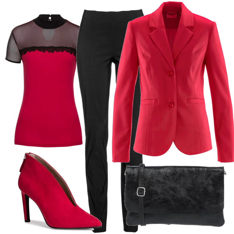 Outfit donna - In rosso e nero con la giacca. Stile Chic per Ufficio. Abbinamento con pantaloni, blazer, maglieria, borse a tracolla, stivaletti.