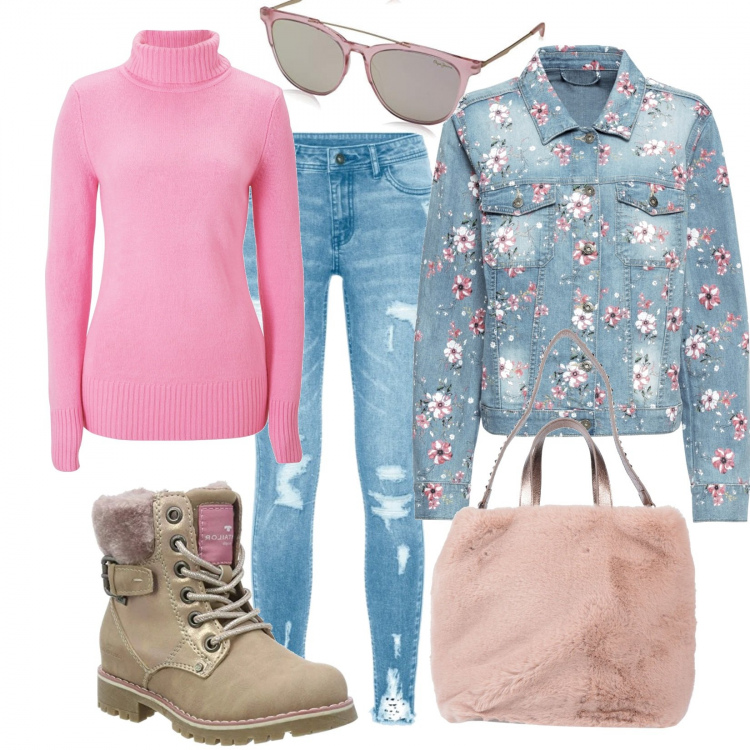 Outfit donna - Il giubbottino fiorito. Stile Basic per Tutti i giorni. Abbinamento con maglieria, giacche, jeans strappati, borse a spalla, stivaletti, occhiali da sole.