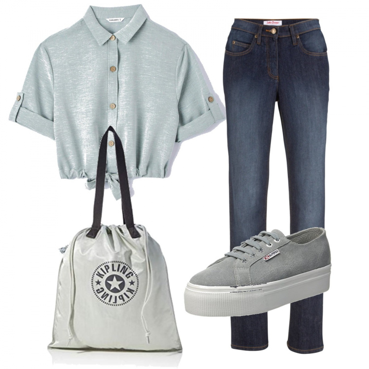 Outfit donna - La borsa di Kipling. Stile Basic per Tutti i giorni. Abbinamento con jeans dritti, camicie a manica corta, sneakers, borse tote.