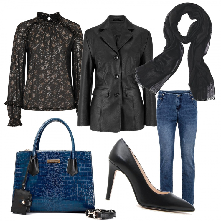 Outfit donna - Stile libero in ufficio. Stile Urban per Ufficio. Abbinamento con blazer, maglieria, jeans skinny, borse a mano, décolleté, foulard.