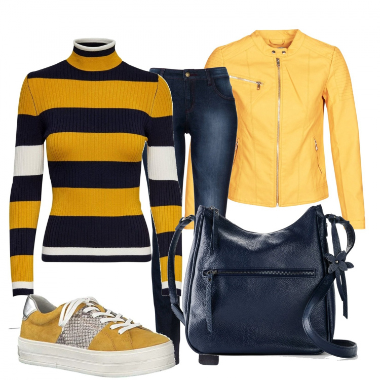 Outfit donna - A righe gialloblu. Stile Basic per Tutti i giorni. Abbinamento con jeans skinny, borse a tracolla, blazer, maglioni, sneakers.
