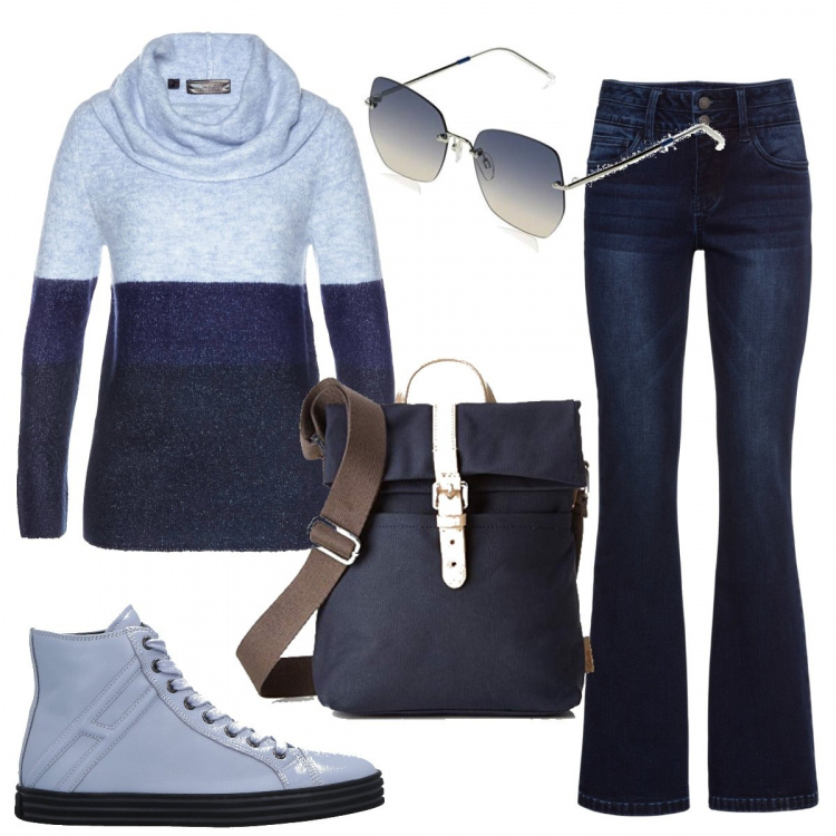 Outfit donna - Basic in blu e azzurro. Stile Basic per Tutti i giorni. Abbinamento con jeans bootcut, maglioni, stivaletti, zaini, occhiali da sole.