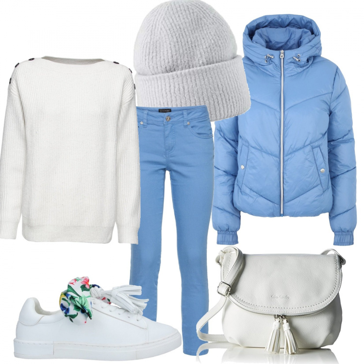 Outfit donna - Bianco e ceruleo. Stile Basic per Tutti i giorni. Abbinamento con maglieria, pantaloni, piumini, sneakers, borse a tracolla, berretti.