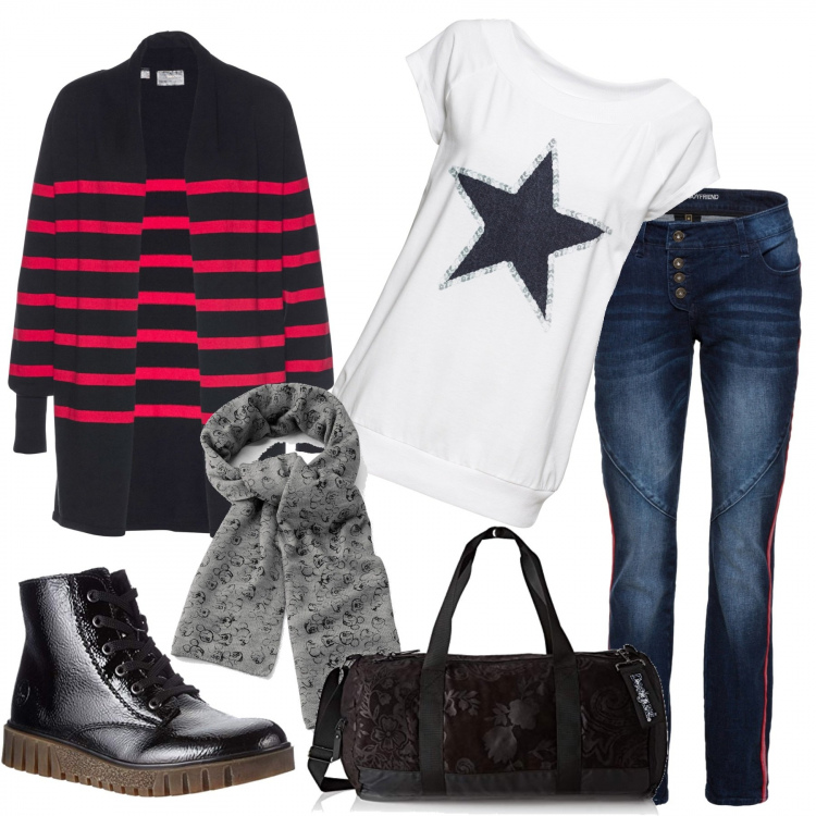 Outfit donna - Vado In palestra. Stile Urban per Tutti i giorni. Abbinamento con t-shirt, jeans boyfriend, cardigans, sciarpe, stivali sopra il ginocchio, borse a spalla.