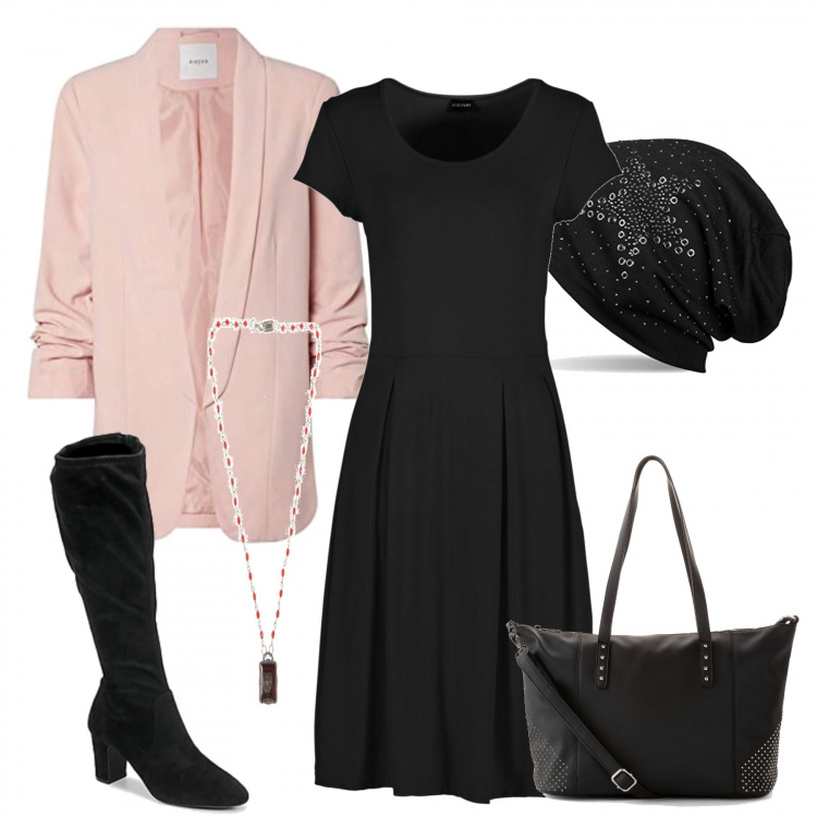 Outfit donna - L\'abito longuette. Stile Chic per Tutti i giorni. Abbinamento con vestiti, shopping bag, stivali, collane, blazer, berretti.