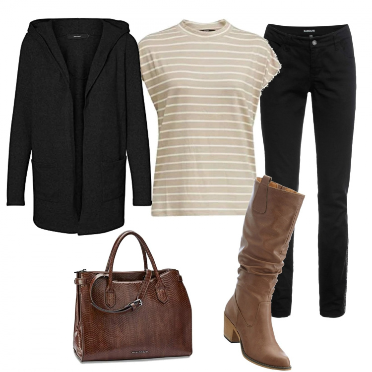 Outfit donna - It\'s me. Stile Basic per Tutti i giorni. Abbinamento con stivali, pantaloni, cardigans, t-shirt, borse a spalla.