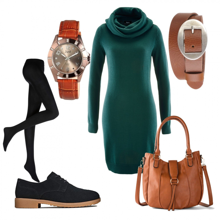 Outfit donna - I dettagli color cuoio. Stile Trendy per Tutti i giorni. Abbinamento con collant, vestiti, borse a mano, scarpe stringate, orologi, cinture.