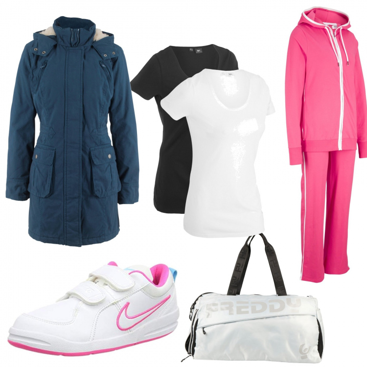 Outfit donna - Pronti per la palestra. Stile Basic per Sport. Abbinamento con t-shirt sportive, tute sportive, parka, borse sportive, scarpe sportive.
