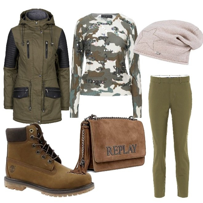 Outfit donna - Maglione camouflage. Stile Basic per Tutti i giorni. Abbinamento con parka, pullovers, stivaletti, berretti, pantaloni, borse a tracolla.