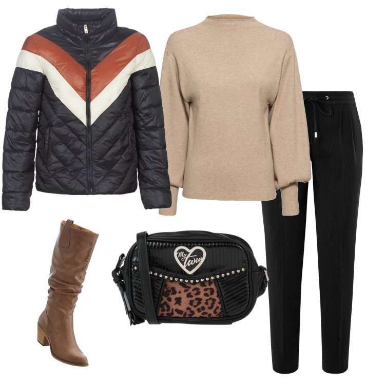 Outfit donna - Il piumino caldo. Stile Trendy per Tutti i giorni. Abbinamento con maglieria, stivali, borse a tracolla, piumini, pantaloni.
