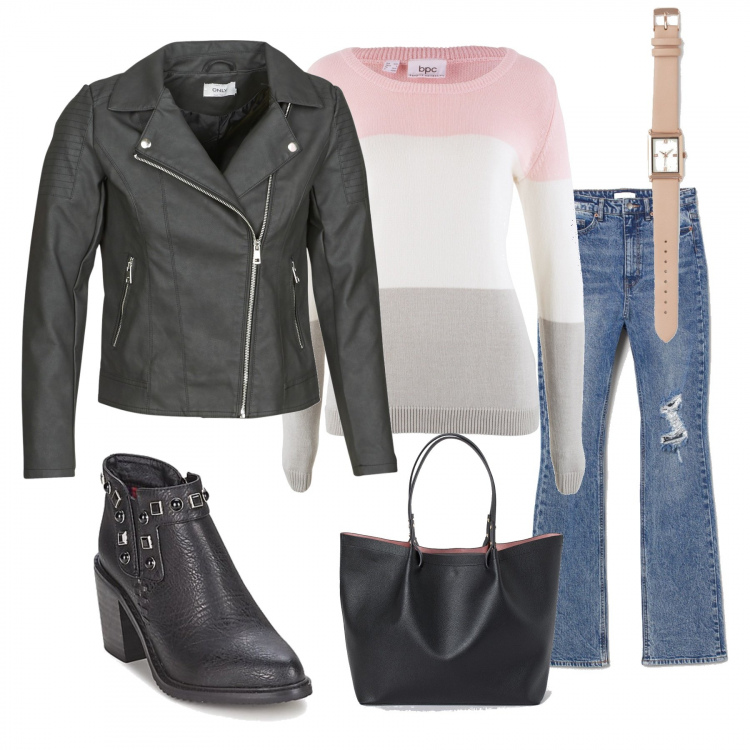 Outfit donna - Speciale week end. Stile Trendy per Tutti i giorni. Abbinamento con maglieria, stivaletti, blazer, jeans bootcut, shopping bag, orologi.