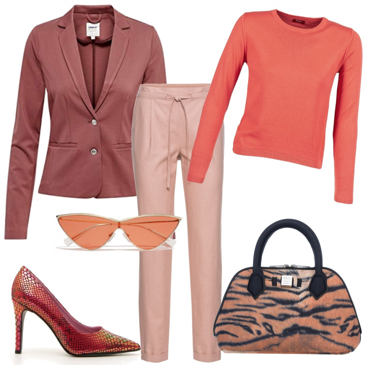 Outfit donna - Gestione quotidiana in corso. Stile Chic per Tutti i giorni. Abbinamento con pantaloni, borse a mano, occhiali da sole, maglieria, blazer, décolleté.