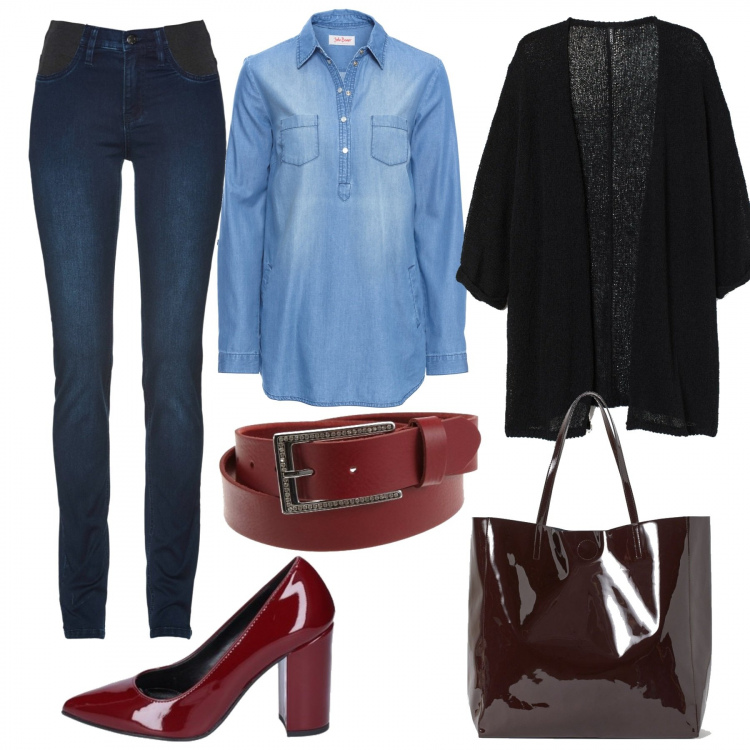 Outfit donna - Cuevy: accessori rossi. Stile Trendy per Ufficio. Abbinamento con jeans, tuniche, décolleté, cardigans, shopping bag, cinture.