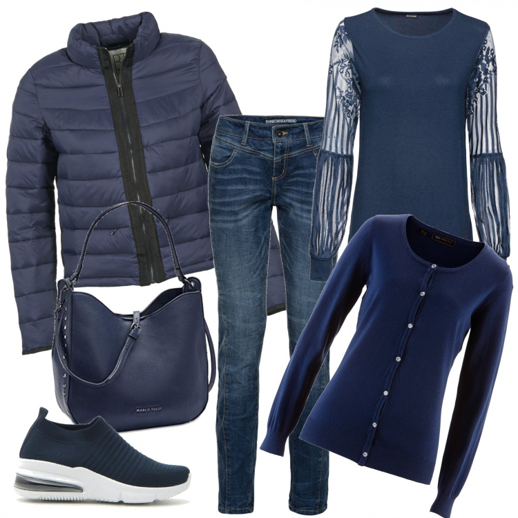 Outfit donna - In blu. Stile Urban per Tutti i giorni. Abbinamento con cardigans, pullovers, jeans boyfriend, piumini, sneakers, borse a tracolla.
