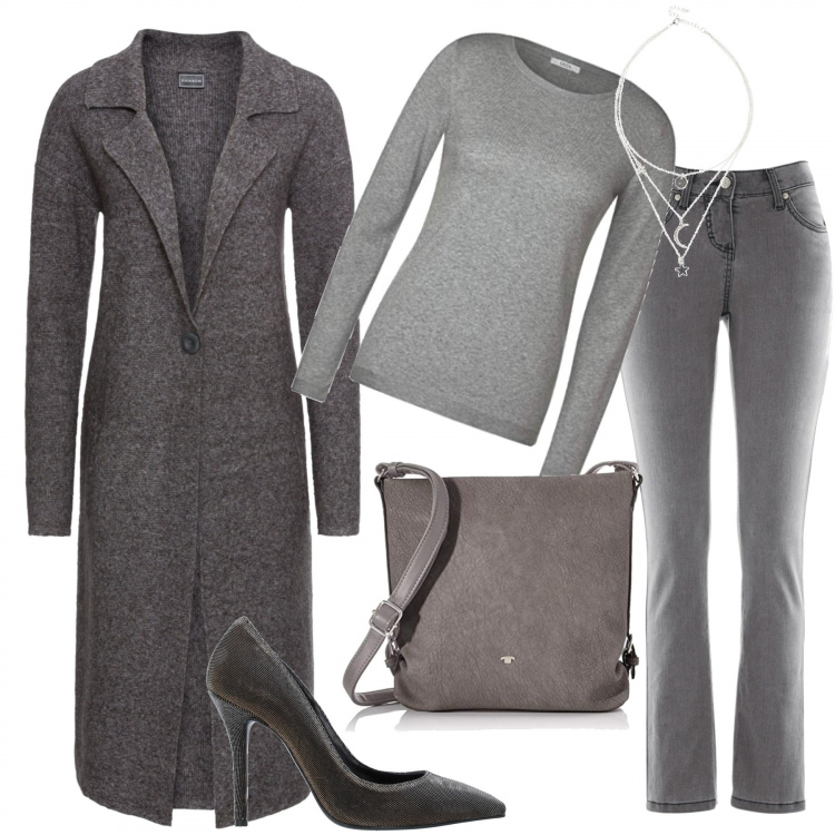 Outfit donna - Total Grey. Stile Trendy per Tutti i giorni. Abbinamento con jeans slim fit, cappotti, collane, décolleté, pullovers, borse a tracolla.