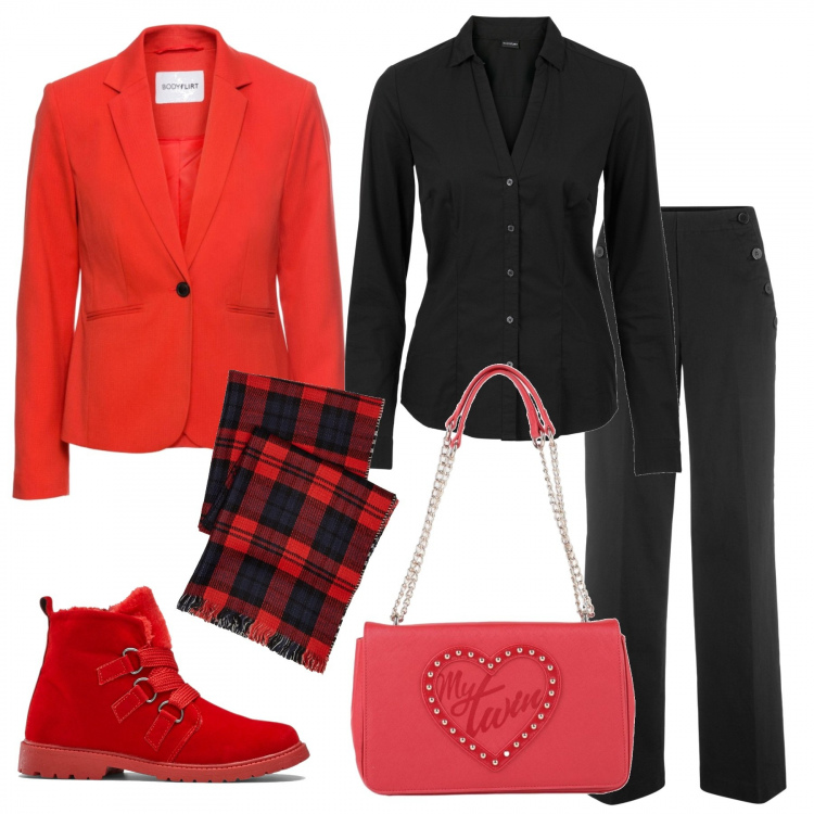 Outfit donna - Colazione al bar. Stile Trendy per Tutti i giorni. Abbinamento con camicie, blazer, pantaloni, stivaletti, borse a mano, sciarpe.