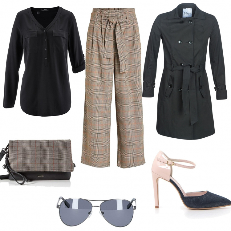 Outfit donna - Tutti i giorni. Stile Urban per Tutti i giorni. Abbinamento con bluse, pantaloni, trench, décolleté, borse a tracolla, occhiali da sole.