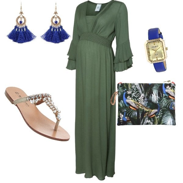 Outfit donna - Festival e poi mi godo Cannes. Stile Chic per Serata fuori. look ideale per Premaman. Abbinamento con borsa a mano mini fantasia floreale con zip interno foderato, orologio, orecchini blu.