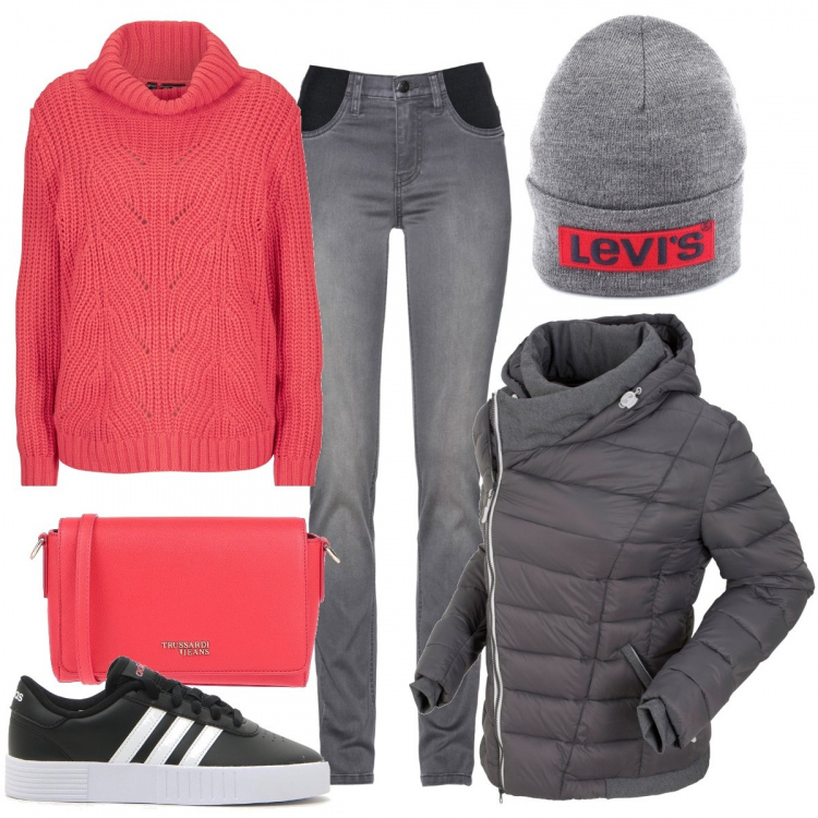 Outfit donna - Corallo d’inverno. Stile Basic per Tutti i giorni. Abbinamento con jeans, giacche, maglioni, borse a tracolla, berretti, sneakers.