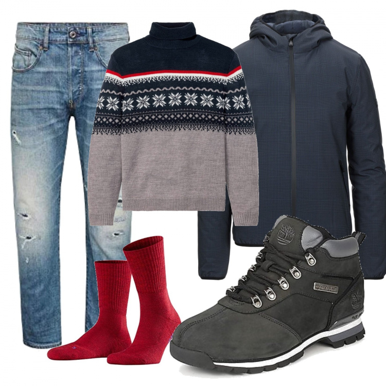 Outfit uomo - Casual #1748. Stile Casual per Tutti i giorni. Abbinamento con maglieria, piumini, stivali e stivaletti, jeans strappati, calzini.
