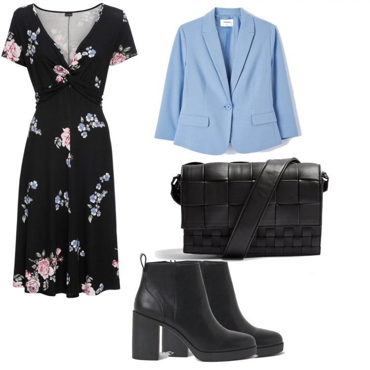Outfit donna - Basic e low cost. Stile Urban per Ufficio. Abbinamento con vestiti lunghi, borse a tracolla, giacche, stivaletti.