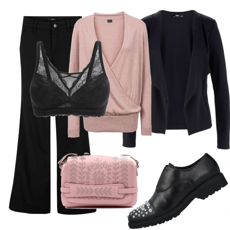 Outfit donna - Rosa antico e borchie. Stile Rock per Tutti i giorni. Abbinamento con blazer, maglieria, bralette, pantaloni a palazzo, scarpe stringate, borse a tracolla.