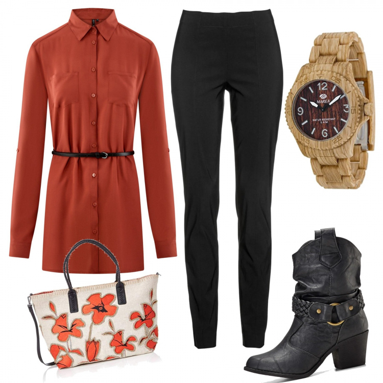 Outfit donna - Aragosta e nero!. Stile Trendy per Tutti i giorni. Abbinamento con pantaloni, stivaletti texani, tuniche, borse a mano, orologi.