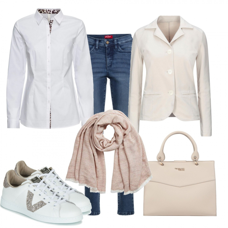 Outfit donna - Basic d\'effetto. Stile Basic per Tutti i giorni. Abbinamento con jeans slim fit, camicie, borse a mano, blazer, sneakers, scialli.