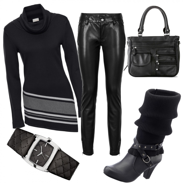 Outfit donna - Dark lady!. Stile Trendy per Tutti i giorni. Abbinamento con stivali, maglioni, pantaloni, borse a mano, orologi.