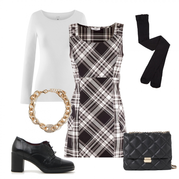 Outfit donna - Abbinamenti semplici. Stile Basic per Tutti i giorni. Abbinamento con vestiti, collant, braccialetti, borse a tracolla, t-shirt, scarpe stringate.