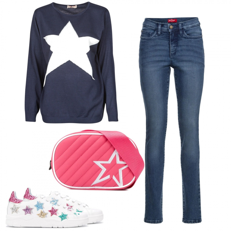 Outfit donna - Stars. Stile Trendy per Tutti i giorni. Abbinamento con jeans slim fit, maglioni, sneakers, marsupi.