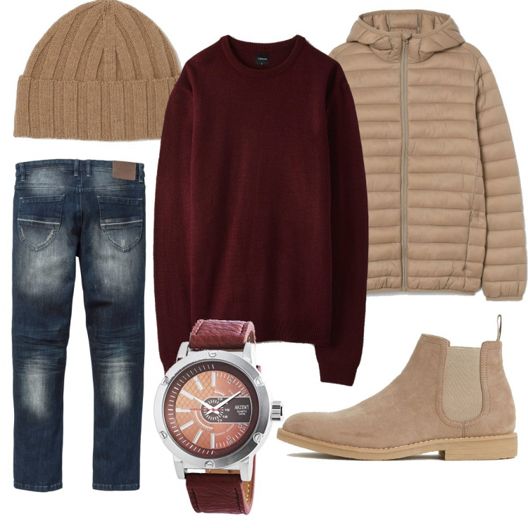 Outfit uomo - Così non sbagli. Stile Casual per Tutti i giorni. Abbinamento con jeans slim fit, maglieria, orologi, stivali e stivaletti, berretti, piumini.
