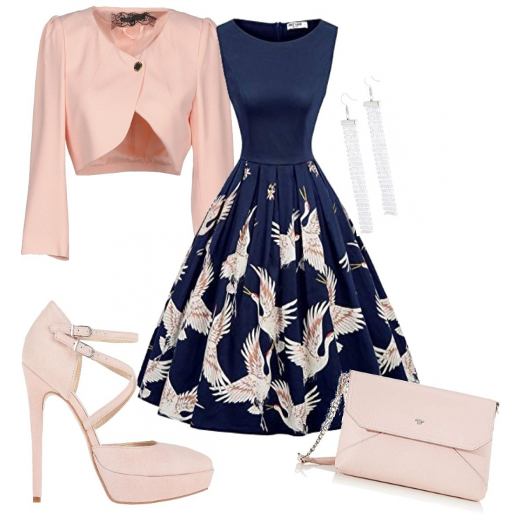 Outfit donna - Bon Ton #1624. Stile Bon Ton per Serata fuori. Abbinamento con décolleté, blazer, vestiti lunghi, pochette, orecchini.