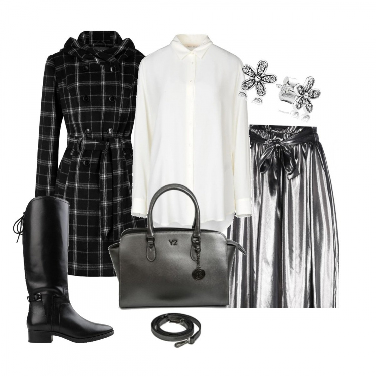 Outfit donna - Trendy #5399. Stile Trendy per Tutti i giorni. Abbinamento con borse a mano, camicie, stivali, gonne lunghe, cappotti, orecchini.