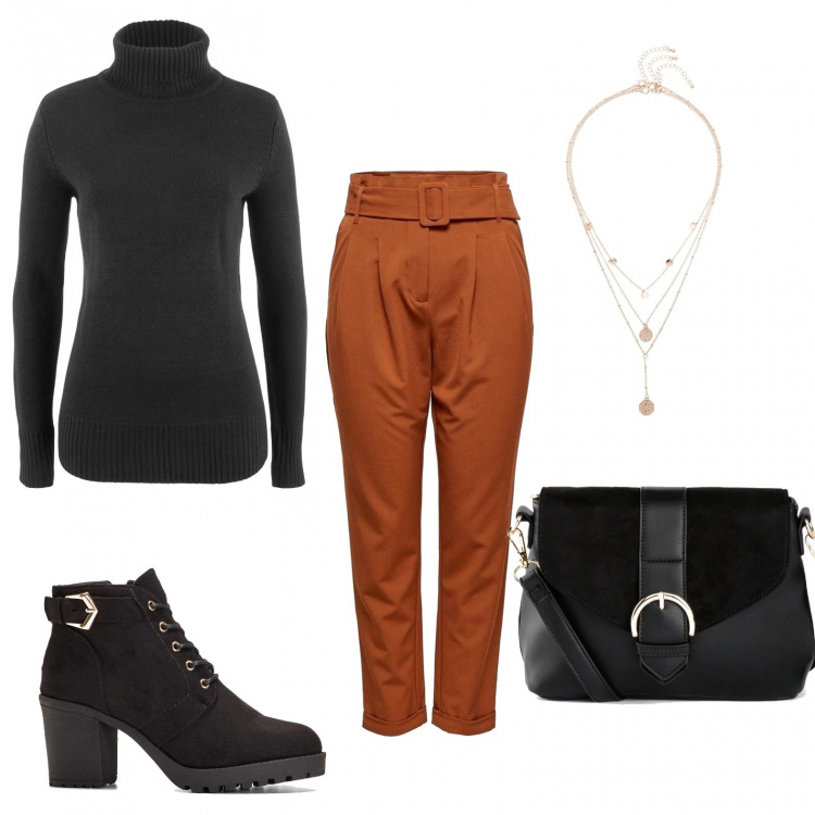 Outfit donna - I pantaloni cammello. Stile Bon Ton per Tutti i giorni. Abbinamento con maglieria, stivaletti, ciondoli, borse a tracolla, pantaloni.