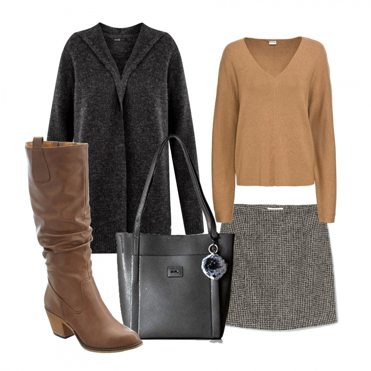 Outfit donna - Trendy in low cost. Stile Trendy per Serata fuori. Abbinamento con stivali, maglieria, minigonne, cardigans, borse a secchiello.