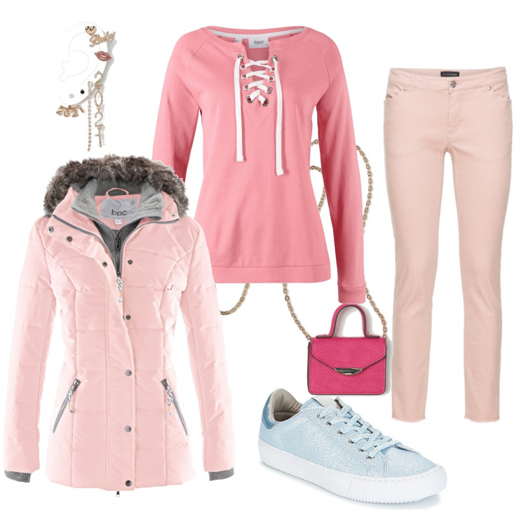 Outfit donna - Pink Lady. Stile Trendy per Tutti i giorni. Abbinamento con piumini, maglieria, pantaloni capri, sneakers, borse a mano, orecchini.