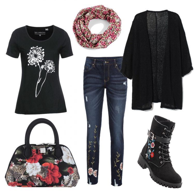 Outfit donna - Oggi avevo voglia di fiori!. Stile Basic per Tutti i giorni. Abbinamento con stivali, jeans, t-shirt, foulard, borse a mano, cardigans.