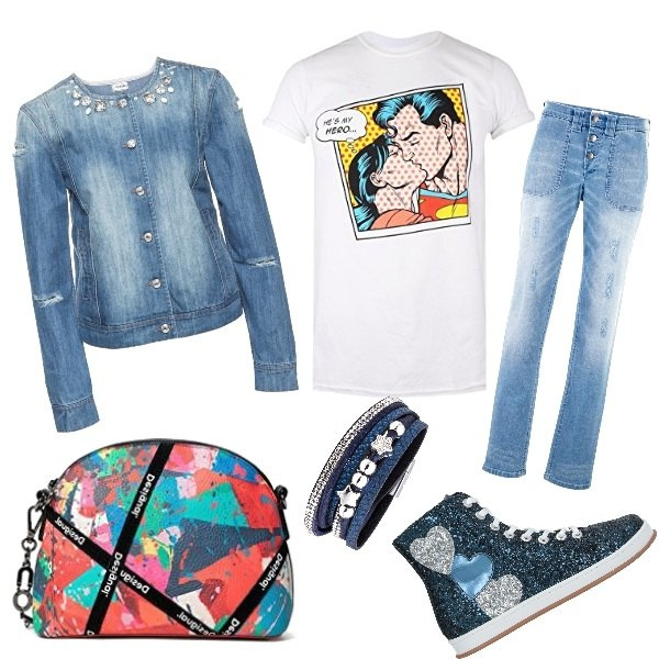 Outfit donna - Urban #1874. Stile Urban per Scuola/Università. Abbinamento con jeans boyfriend, giacche, braccialetti, sneakers, t-shirt, borse a tracolla.