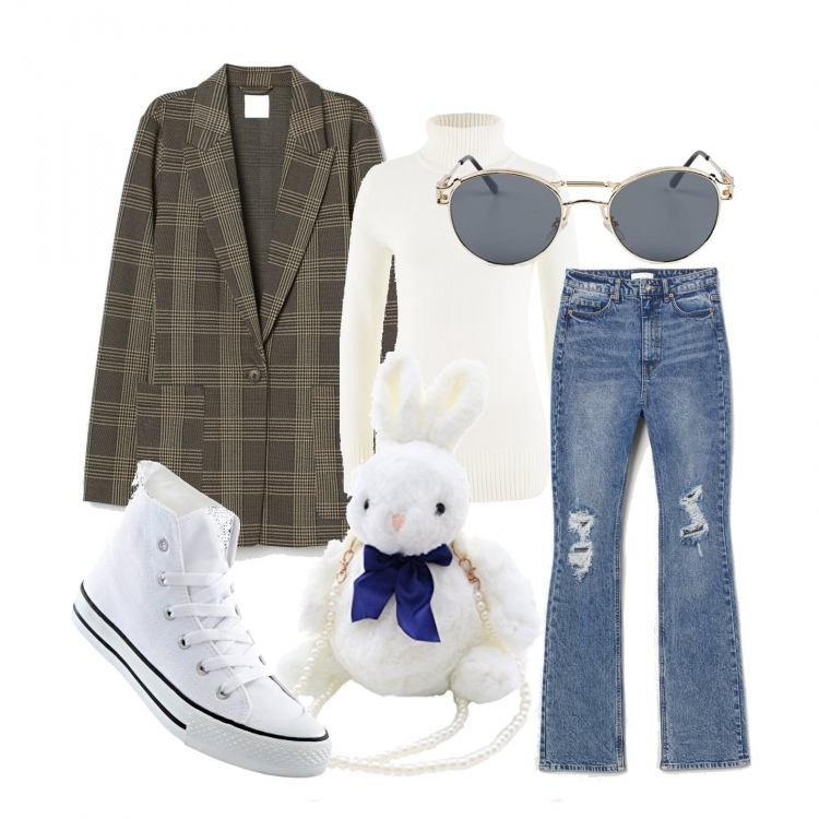 Outfit donna - Con Lucia al parco. Stile Urban per Tutti i giorni. Abbinamento con maglieria, sneakers alte, jeans bootcut, blazer, occhiali da sole, borse a spalla.
