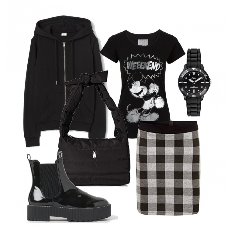 Outfit donna - Total black anche in casa. Stile Basic per Tutti i giorni. Abbinamento con t-shirt, gonne lunghe, borse a mano, stivaletti chelsea, blazer, orologi.