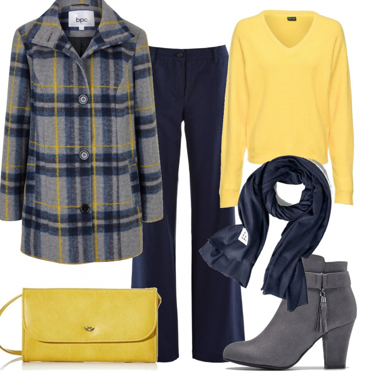 Outfit donna - Domenica allegra. Stile Trendy per Tutti i giorni. Abbinamento con pantaloni, maglieria, cappotti, stivaletti, sciarpe, borse a tracolla.